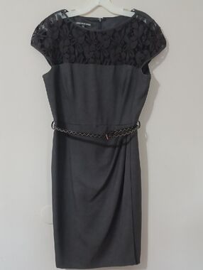 Jones Wear Dress Grey With Black Lace Yoke Midi Sheath Dress. NWT. Size 12